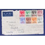 Malaya 1950 Air Mail Cover (Front only) with set B.M.A. Overprints to 15c (8 Stamps)