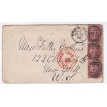 Warwickshire 1873-Birmingham with strip of 1d reds, cancelled (AP12 73) duplex cancel + red New York