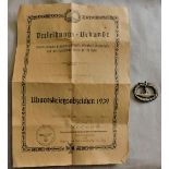 German WWII U-Boat Warfare War Badge, kamer Schwerin, Berlin 68 with award certificate to