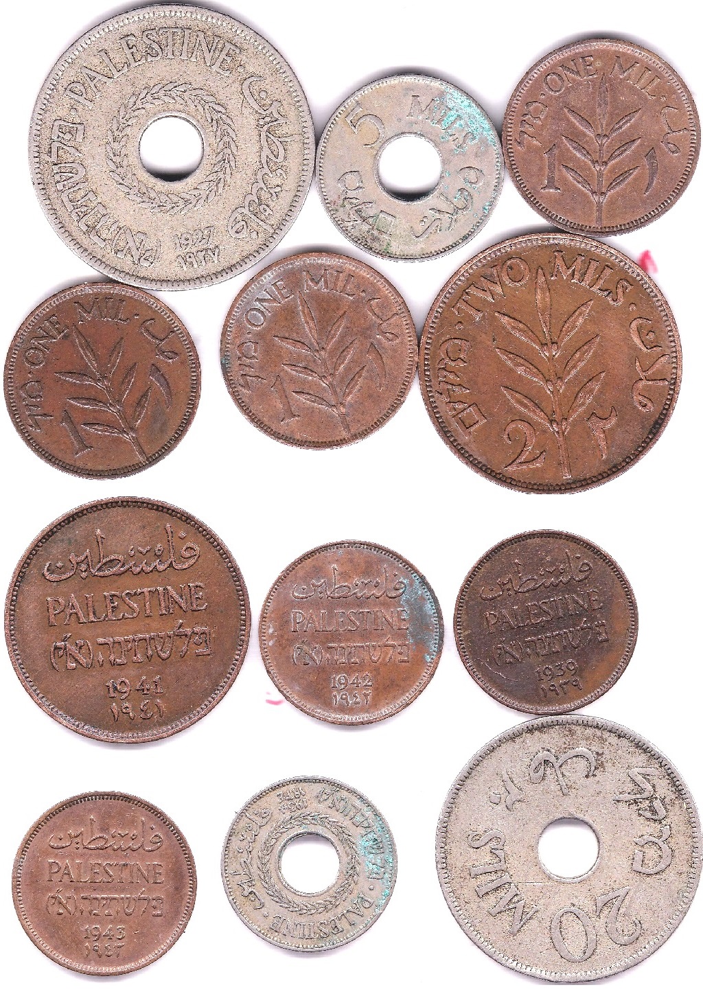 Palestine - 1939, 1942 and 1943 Mil; 1941 2 Mils, 1934 2 Mils and 1927 20 Mils. Fair to very fine (