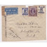 India WWII Censored Letter Bearing SG 272/275/260. A bit worn but scarce. Lagos - U.S.A.