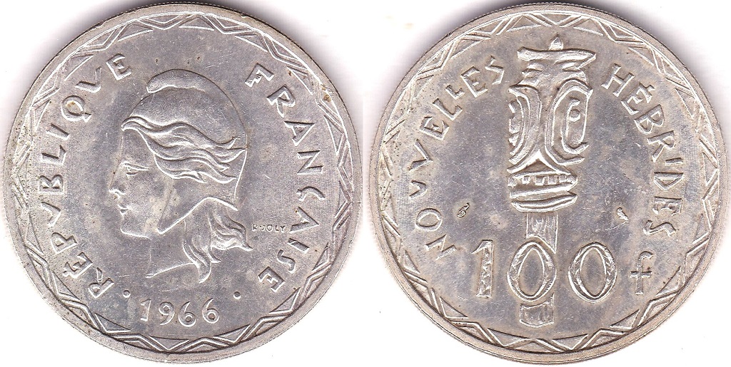 New Hebrides 1966 100 Francs, silver, KM 1, BUNC