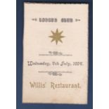 Lodgers Club - 1894 (4th July) Menu, Willis Restaurant.