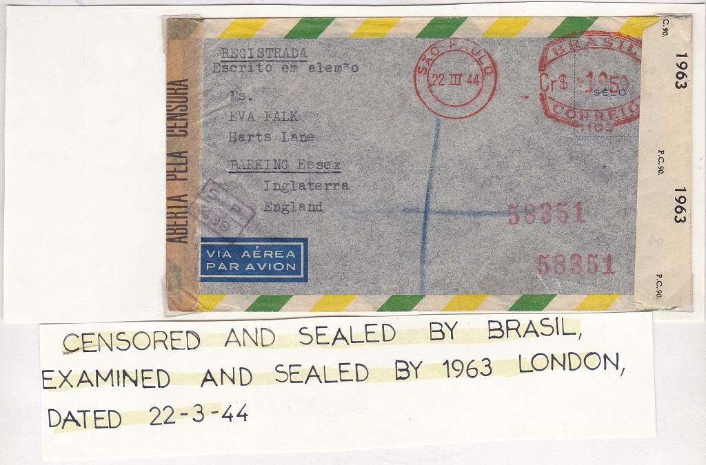 Brazil 1942 and 1944 Censored Air Env's to London (2) - Image 2 of 3