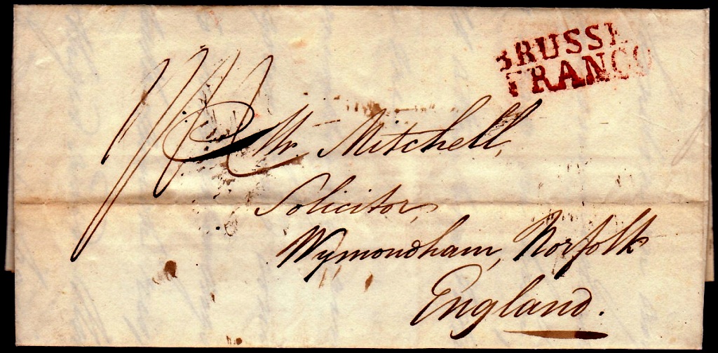 Great Britain - Belgium/Norfolk 1824 (6 Jan) EL Brussels to Wymondham. Brownish-Red Brussels(s)/
