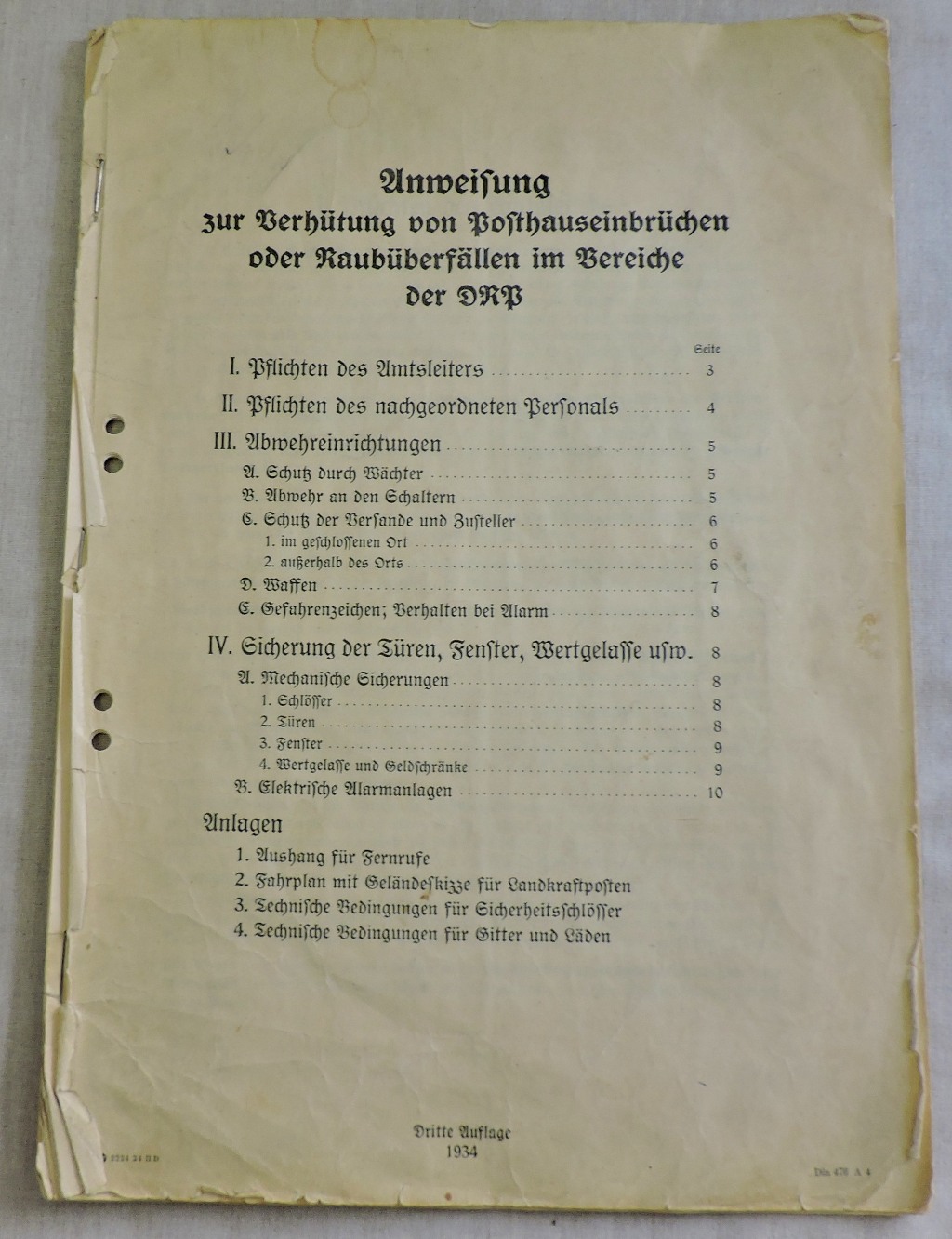 German 1930 DRP Post-House Security Manual "Unweifung zur berhütung von posthauseinbrüchen ober