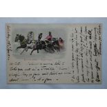 Russia 1902-'Types Russes' colen card three horse Sleigh, used to London little damage to top.