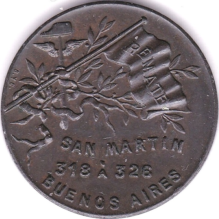 Argentina - Buenos Aires San Martin copper Token. Flag 'Remate'; obv Roman Bravo & Co, AEF, scarce. - Image 2 of 3