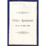 Menu - 1894 (4 May) Willis's Restaurant Printed Menu, Edouard. m/s Lord Welby.