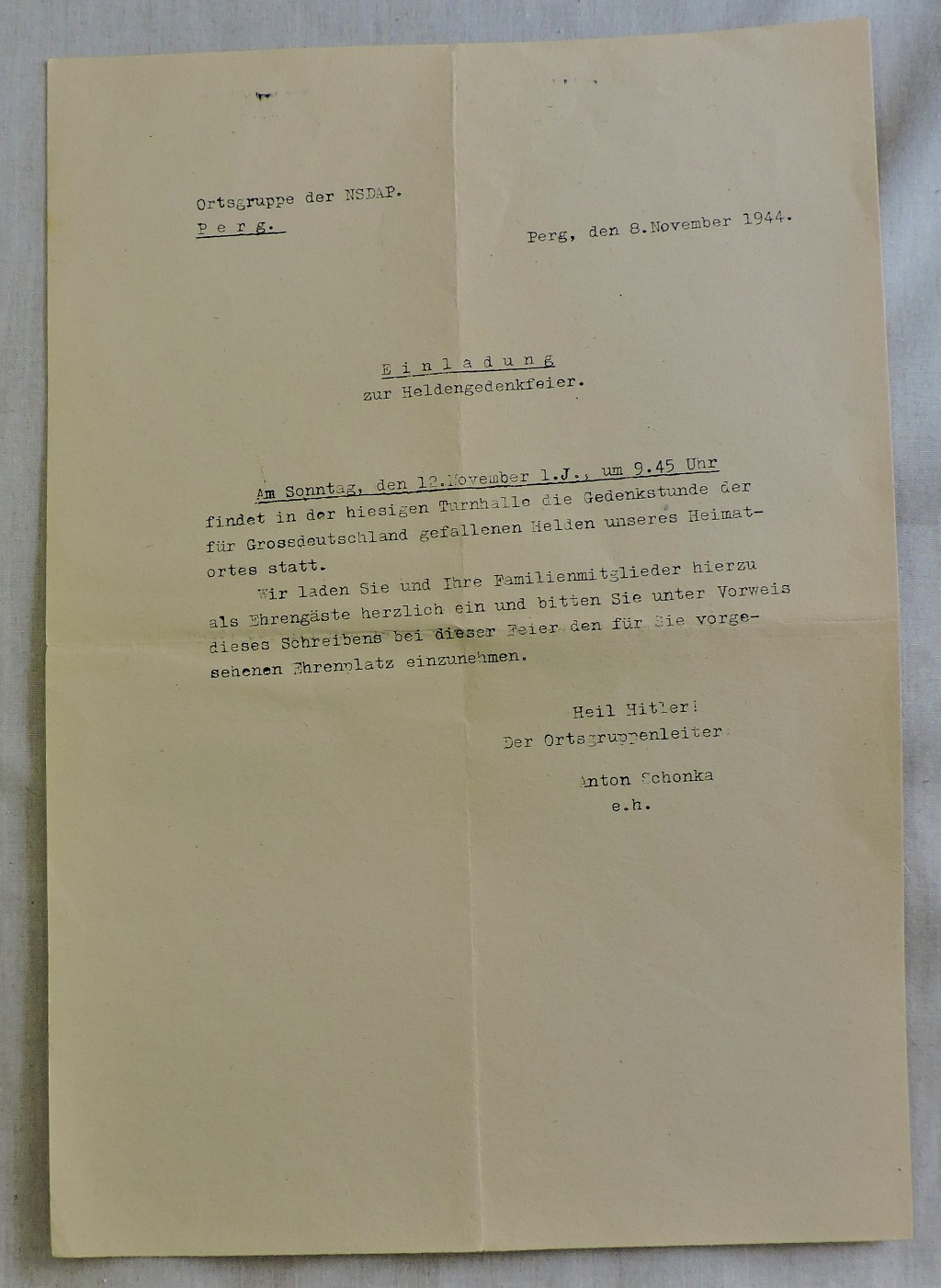 German 1944 Letter to a family of a fallen soldier to attend a commemoration service on the 12th
