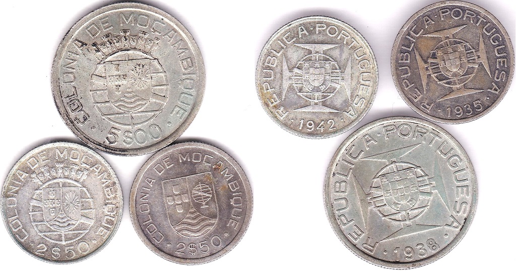 Mozambique 1935 2 1/2 Escudos, KM 61, scarce, GVF type coin. Scarce, 1942 2 1/2 Escudos, KM 68,