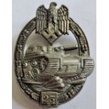 German WWII Tank Battle Badge for '25' engagements, silver grade with no makers mark.