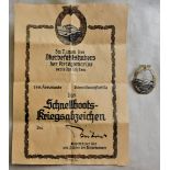 German WWII E-Boat War Badge (1st Type), makers mark: Friedrich Keller, Oberstein. With award