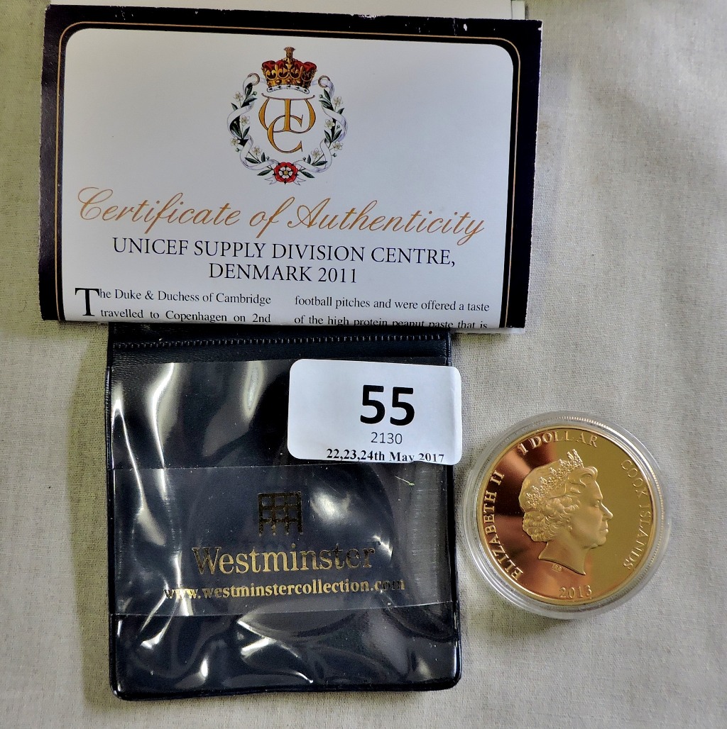 Cook Islands 2013 Dollar Proof-like,, gold plated Unicef issue with certificate. Issue cost £40