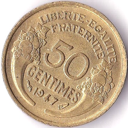 France 1947 50 Centimes GEF, KM 894.1 - for use in Colonial Africa. Rare - Image 2 of 3