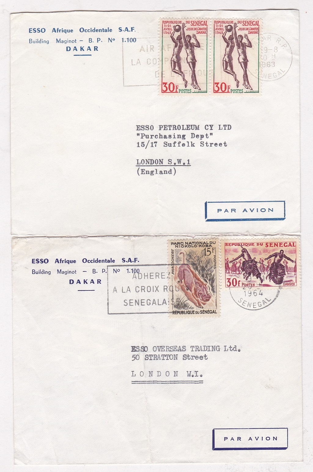 Senegal 1963/64 Two Airmail Env's Esso Afrique Occidentale Dakar to Esso London with Red Cross