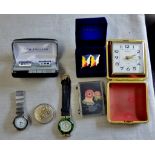 Travel Alarm Clock-Made by Timemaster-not working, also (2) ladies watches, pair of cuff links etc