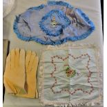 WWII Royal Engineers Sweetheart handkerchief with white suede officers gloves. In excellent