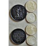 Germany 1938B 2 Reichmark, GEF, 1938A 5 Reichmark, AUNC, KM94 and 1916 Bronze Medallion 40mm, In