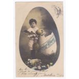 Greetings - Easter Card 1906, French, a young boy with many presents from a giant Easter Egg.