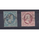 Netherlands 1852 5 cents milky blue, four margins, 10 cents red, S.G. 1 and 2, used