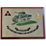 Royal Signals presented plague "Presented by Wos & SGTs Mess 3 ARMD. DIV. HQ & SIG REGT." Depicts