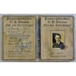 German WWII Pattern 17. SS-Division Panzergrenadier 'Ausweis' Identity Book to Franz Pieler. A