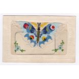 WWI silk postcard, a beautiful Butterfly with the colours of the Allies inset - with message card.
