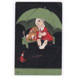 Artist - Tuck "Art" Series No. 6792, Boy and dog under umbrella with doll to left foreground. Used