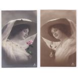Glamour/Millinery two cards-beautiful ladies with fine hats and holding roses (2)