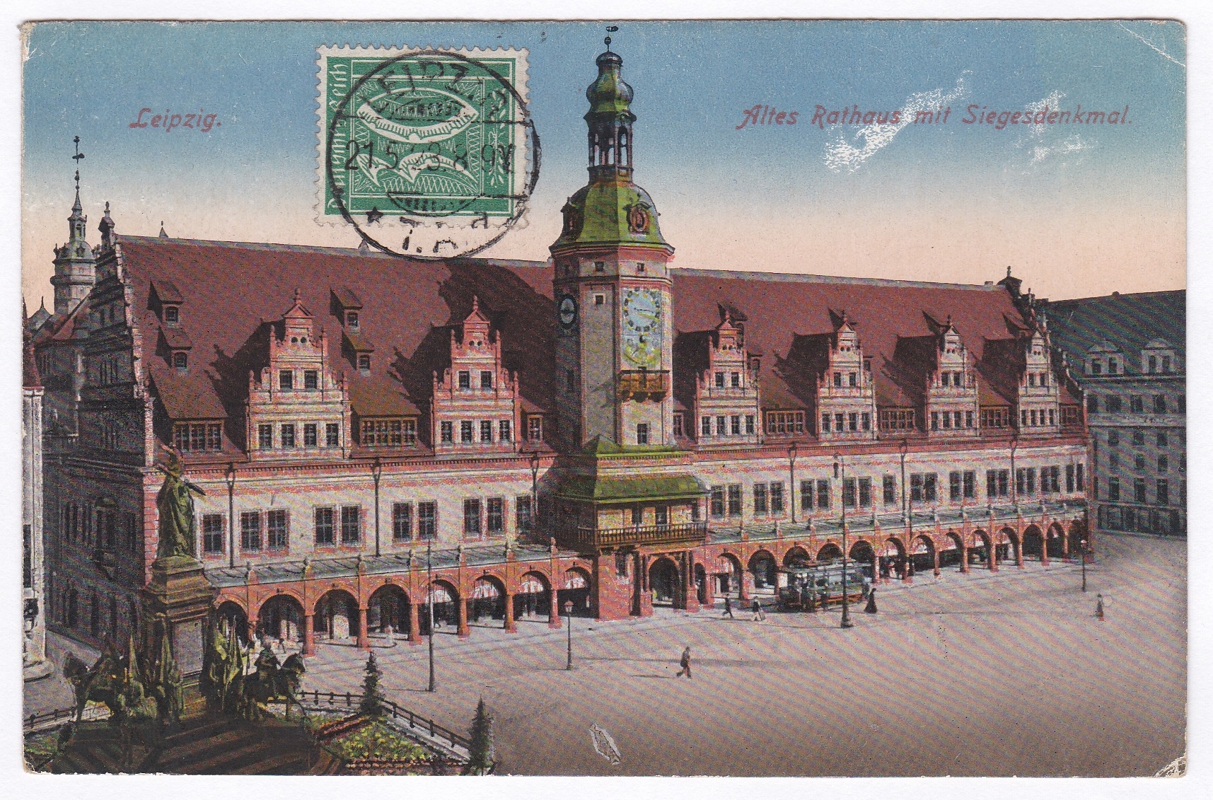 Germany 1923 Leipzig - Altes Rathaus Mit Siegesdenkmal - early colour view, 30pf 1921 adhesive;