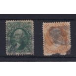 U.S.A. 1861 10 Cent green (Washington) fine used - small cut top right, S.G. 64; 30 Cents orange, (
