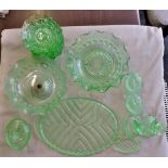 Green Glass-Serving Dishes with (6) bowl's also green glass dressing table set (6 pieces) from the