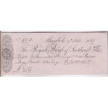 Cheques 1868 The Royal Bank of Scotland - Mayhole Branch, used bearer, black on pink. Printer W &