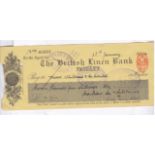 Cheque 1914 The British Linen Bank, Paisley, used, black on yellow