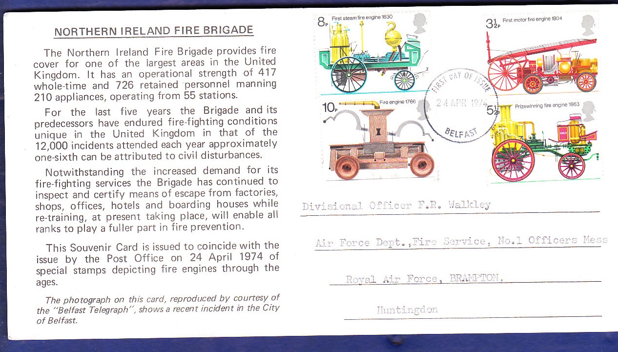 Great Britain - 1974 (24th Apr) Northern Ireland Fire Brigade special card with Belfast FDI.