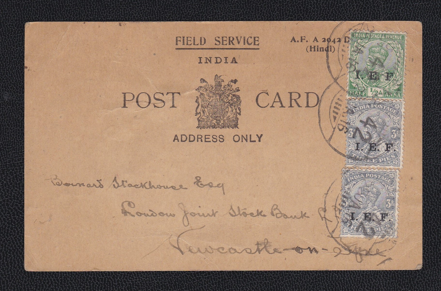 India (India Expedition Forces) Field Service India postcard used 1916 to Newcastle. 1 Anna, 6Pies