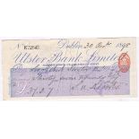 Cheque 1898 Ulster Bank Limited, Dublin, Pembroke Branch, used