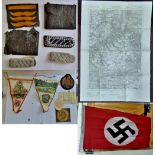 German WWII Dated Map and various German Badges, Pennants, Nazi Party Flag etc. Mostly bring backs