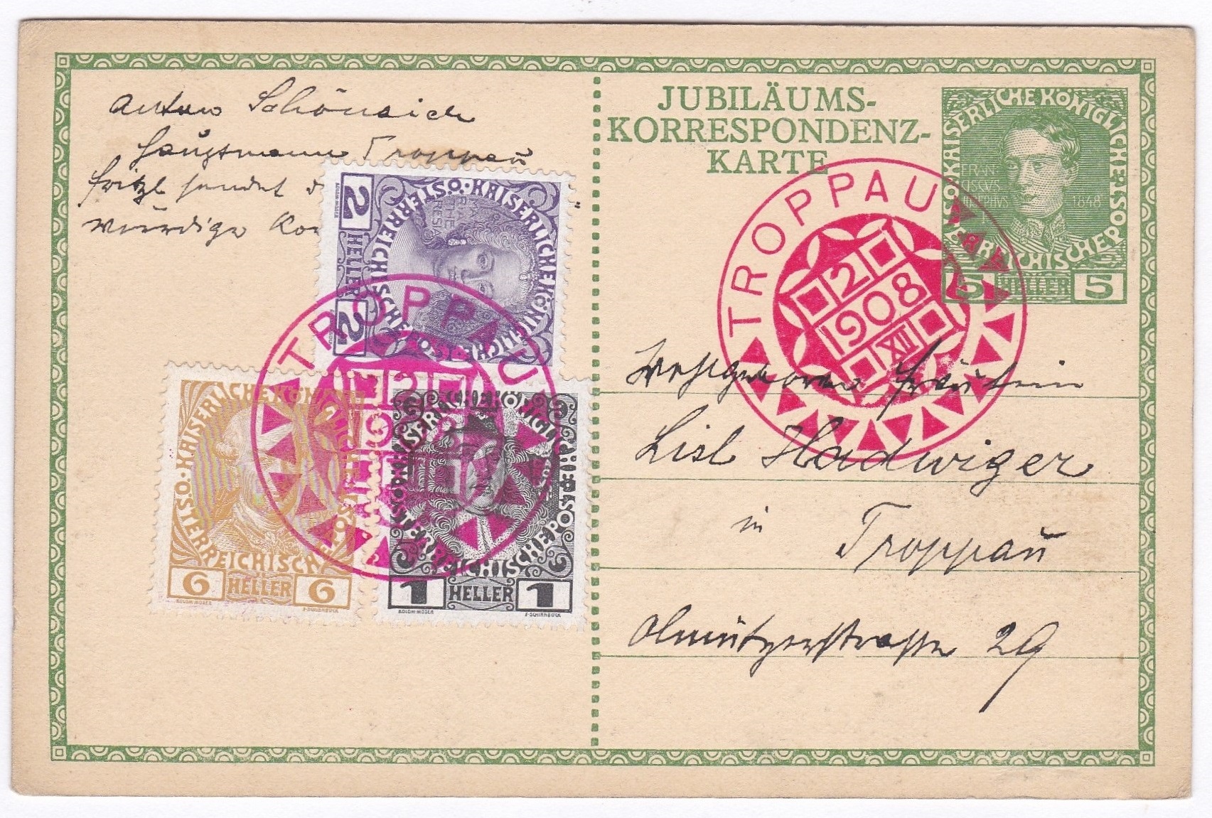 Austria 1908 Jubilee 5th Stationery Postcard used with colourful TROPPAU datestamps