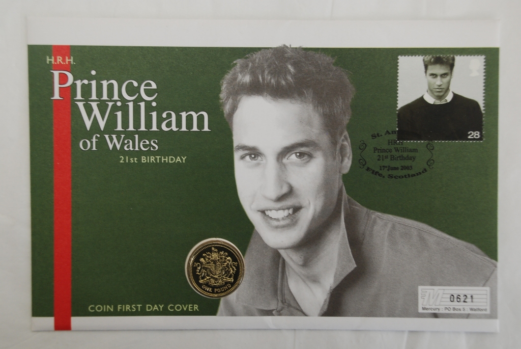 Great Britain 2003 Prince William of Wales 21st Birthday Stamp and £1 Coin cover.