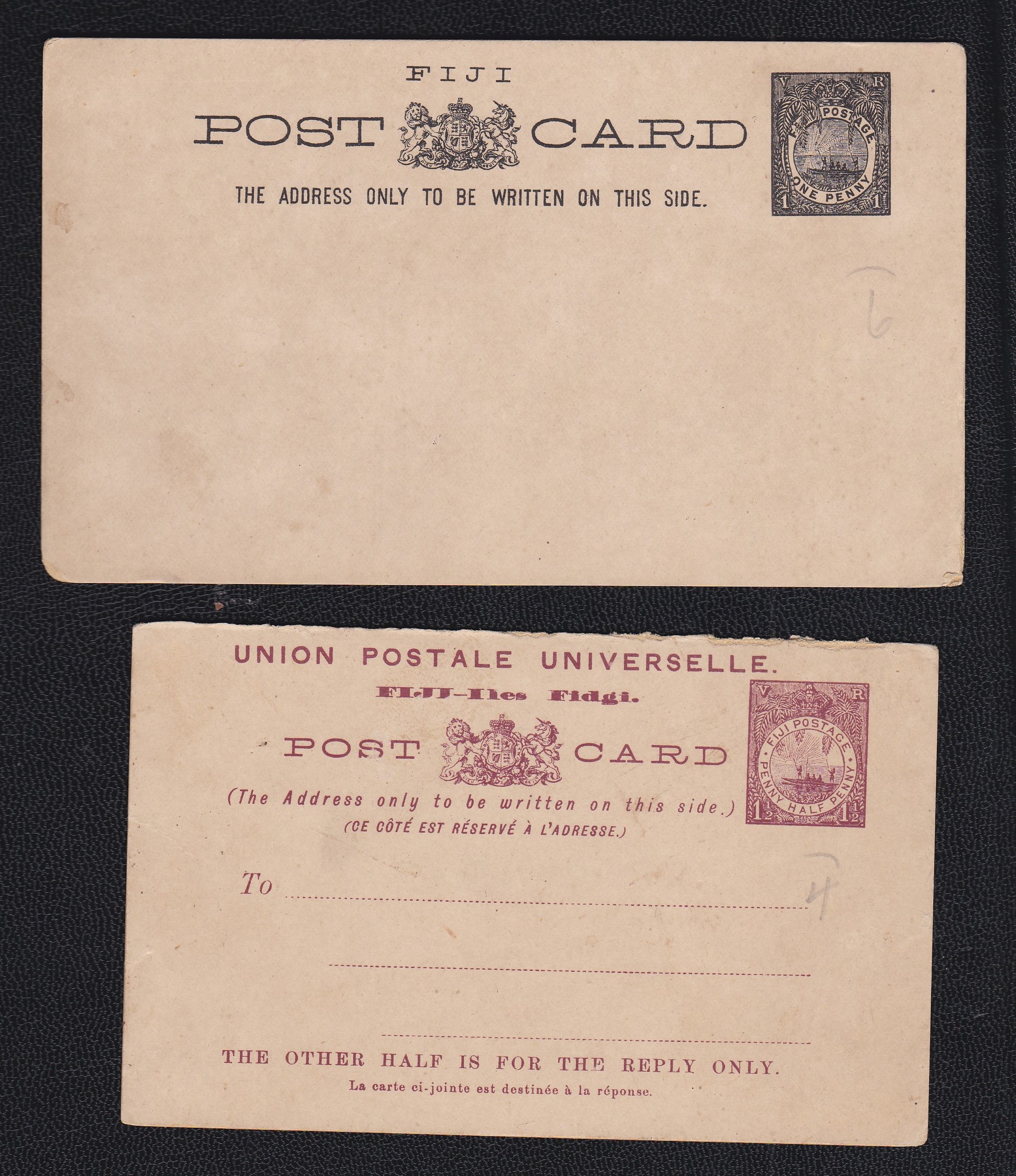 Fiji 1890 One Penny and Penny Half Penny stationery postcards, unused (2)