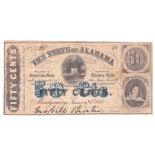 1863 State of Alabama Fifty Cents Black and Blue, Treasury Note, Woman bottom right