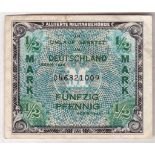 Germany - 1944 Half Mark Allied Occupation World War II, Ref: P191a with 'f', Grade GVF.15