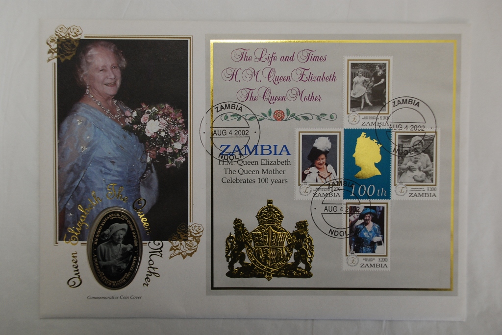 Zambia 2002 Queen Mother 100th Birthday Coin and Stamp Cover - a beautiful cover