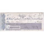 Cheque 1876 the west of England and South Wales District Bank, used bearer, Bideford, blue and