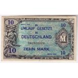 Germany - 1944 Ten Marks Allied Occupation World War II, Ref: P194a, Grade GVF.