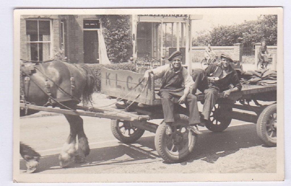 Norfolk Heacham Jack Webb, Coachman Heacham on K.L.C.S. Horse-drawn cart. Vintage photograph/