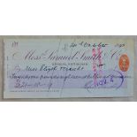 Cheque Messrs Samuel Smith & Co, Bankers, Nottingham 1892 cheque, Orange One Penny Duty