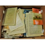 Ephemera and bygones - a carton with sheet music, Football, Speedway interest, bag of stamps, tea-